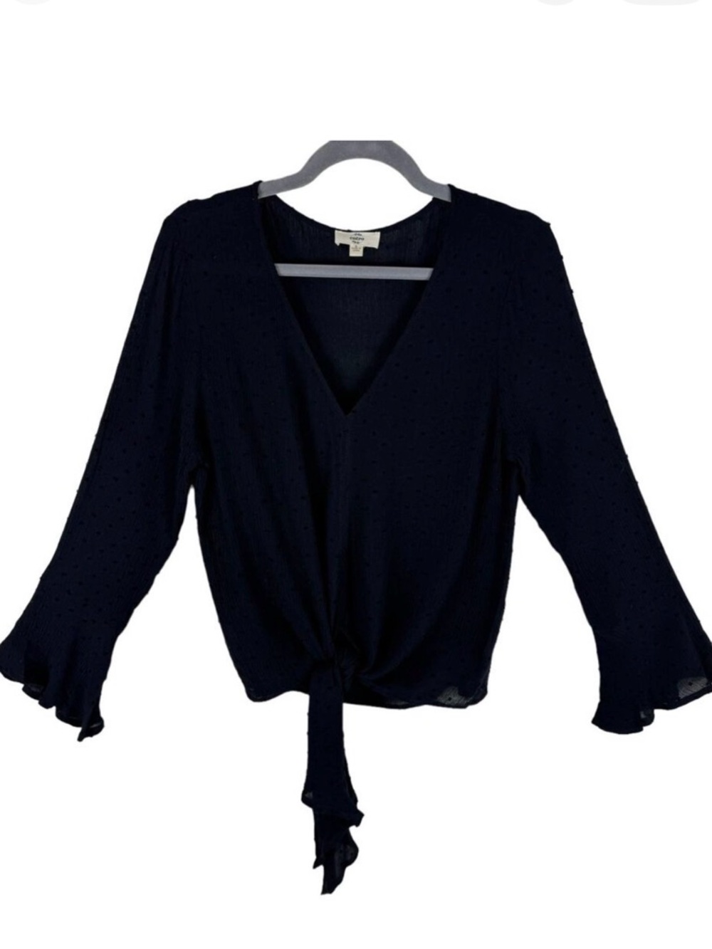 Entro Black Long Bell Sleeve Embroidered Tie Front V-Neck Stretchy Blouse Size S